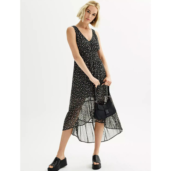 Rewind Button-Down High-Low Dress Black Floral Print Junior's Size Small - Picture 1 of 12